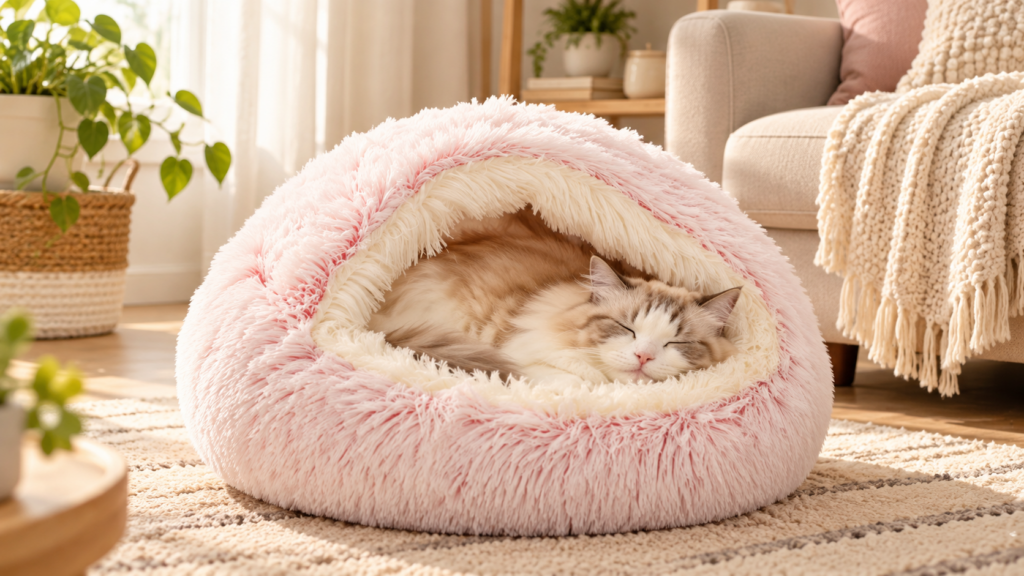 Cuccia pelosa rosa con gatto in un soggiorno accogliente