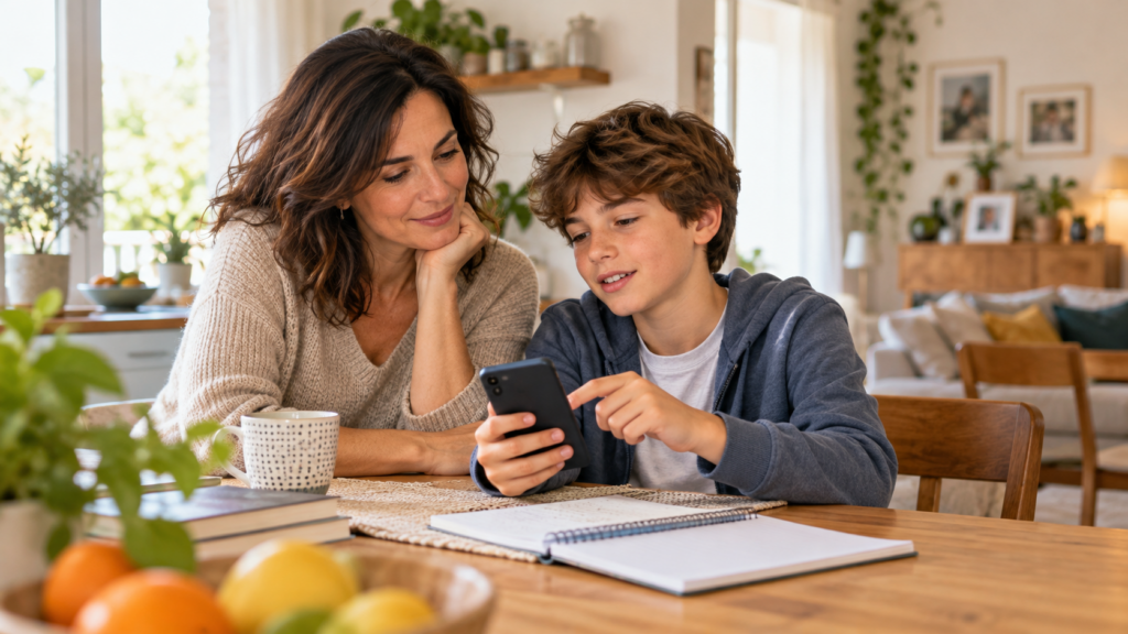 Genitore e figlio parlano del primo smartphone